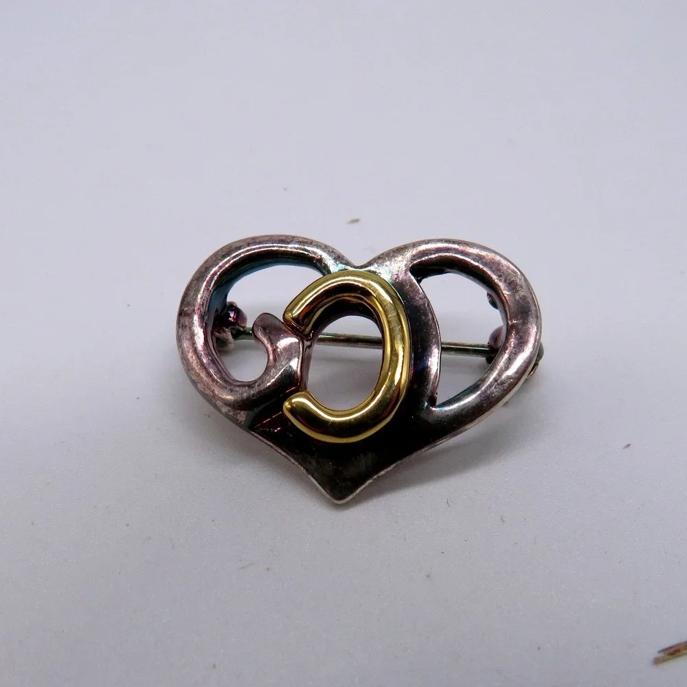 Vintage Two Tone Heart Brooch Silver Gold Tone Open Heart Letter C Pin 1 Inch
